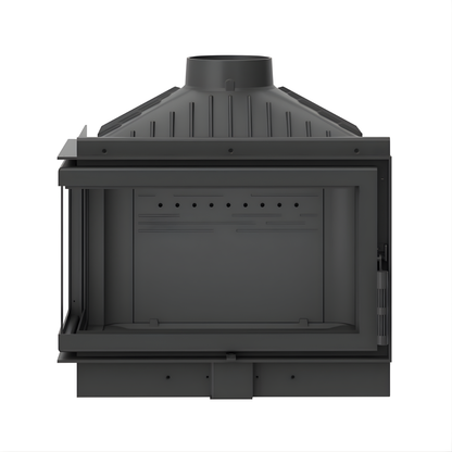 Front view of Left Corner Dorako ECO MAX 7 L/R STANDARD wood stove  on a white background. Black color Wall-Insert Fireplace with 720 x 720 x 460 mm Overall dimension