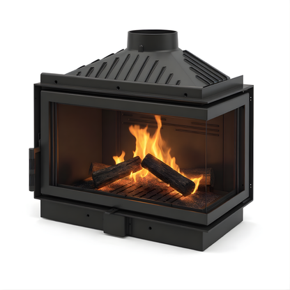 Right Corner Dorako Eco Max L/R Wood Stove with Flames and burning Logs. Black Wall-Insert Fireplace, Overall dimension 709x700x462 [mm]
