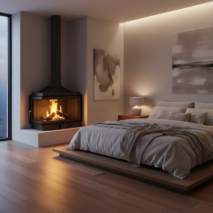 Left Corner Dorako Bedroom fireplace ECO MAX 7 L/R STANDARD wood stove with flames and logs on a white background. Black color Wall-Insert Fireplace 720 x 720 x 460 mm Overall dimension What is a wood stove air-wash system?
An air-wash system draws preheated air down across the inner side of the ceramic glass door. This air curtain prevents soot, ash, and creosote buildup, keeping the glass clean for clear fire viewing.