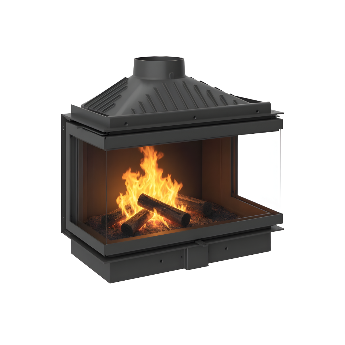 Dorako Eco Max 7  Three Open Sided Glass view Wood burning Stove With visible burning logs inside and hole for chimney installation on the top of the fireplace and display on a white background
