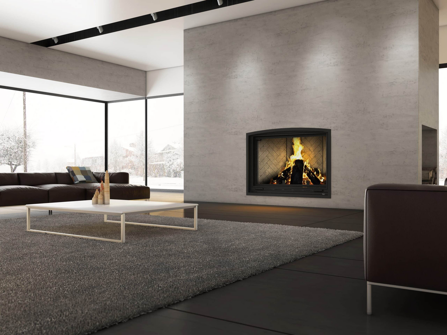 Valcourt Frontenac FP11D Built-in Wood Burning Fireplace, Modern Indoor Fireplace with Classic brick liner and a classic trim in a modern living room with visible burning flame. Mid century Fireplace, Modern hearth fireplace. This product is similar to Superior 36-Inch Radiant Wood Burning Fireplace, Napoleon High Country 8000 Wood Burning Fireplace NZ8000, Majestic Biltmore 36 Inch Wood Burning Fireplace, Heat & Glo Exclaim 50′′ Wood Fireplace.