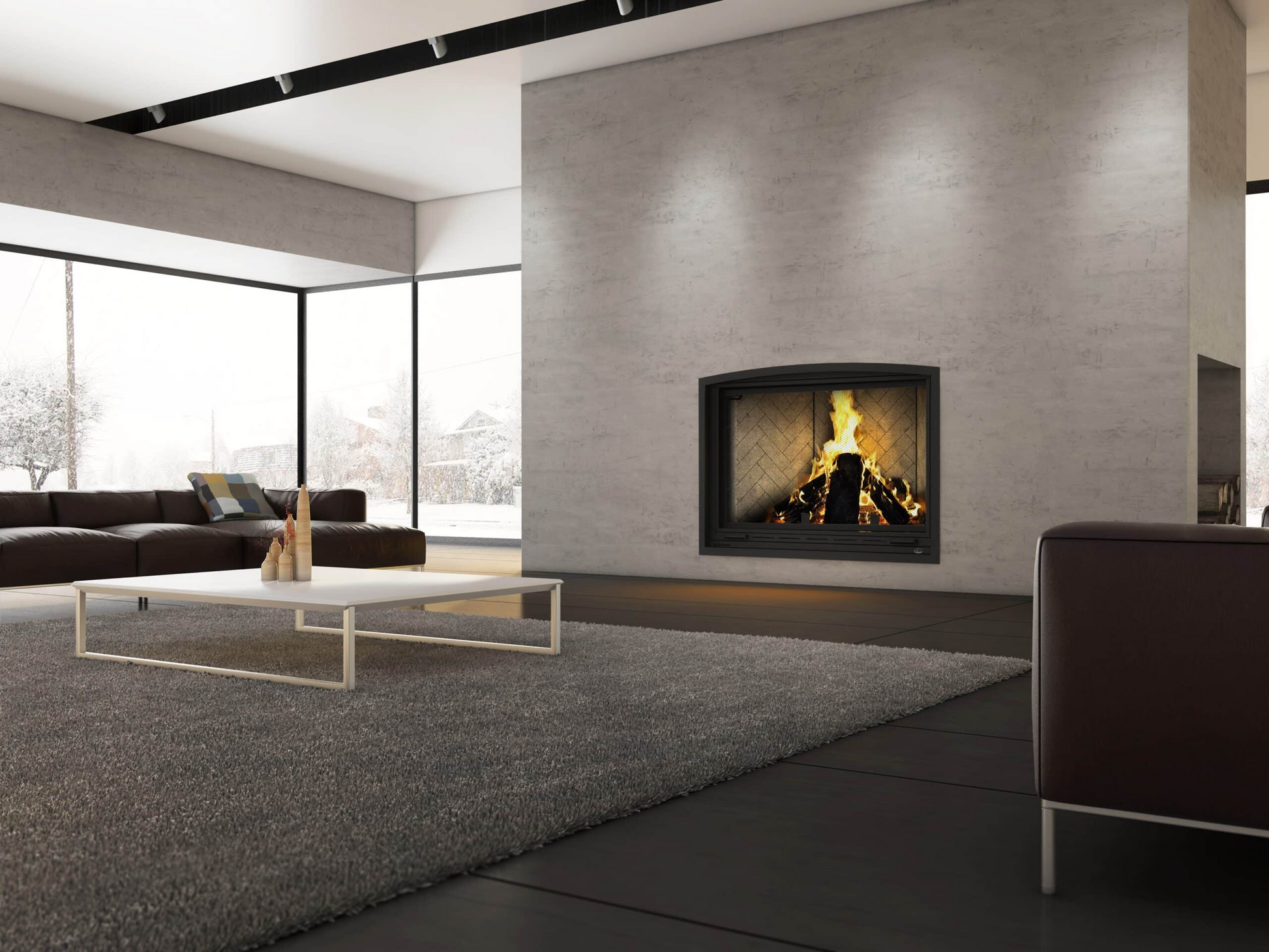 Valcourt Frontenac FP11D Built-in Wood Burning Fireplace, Modern Indoor Fireplace with Classic brick liner and a classic trim in a modern living room with visible burning flame. Mid century Fireplace, Modern hearth fireplace. This product is similar to Superior 36-Inch Radiant Wood Burning Fireplace, Napoleon High Country 8000 Wood Burning Fireplace NZ8000, Majestic Biltmore 36 Inch Wood Burning Fireplace, Heat & Glo Exclaim 50′′ Wood Fireplace.