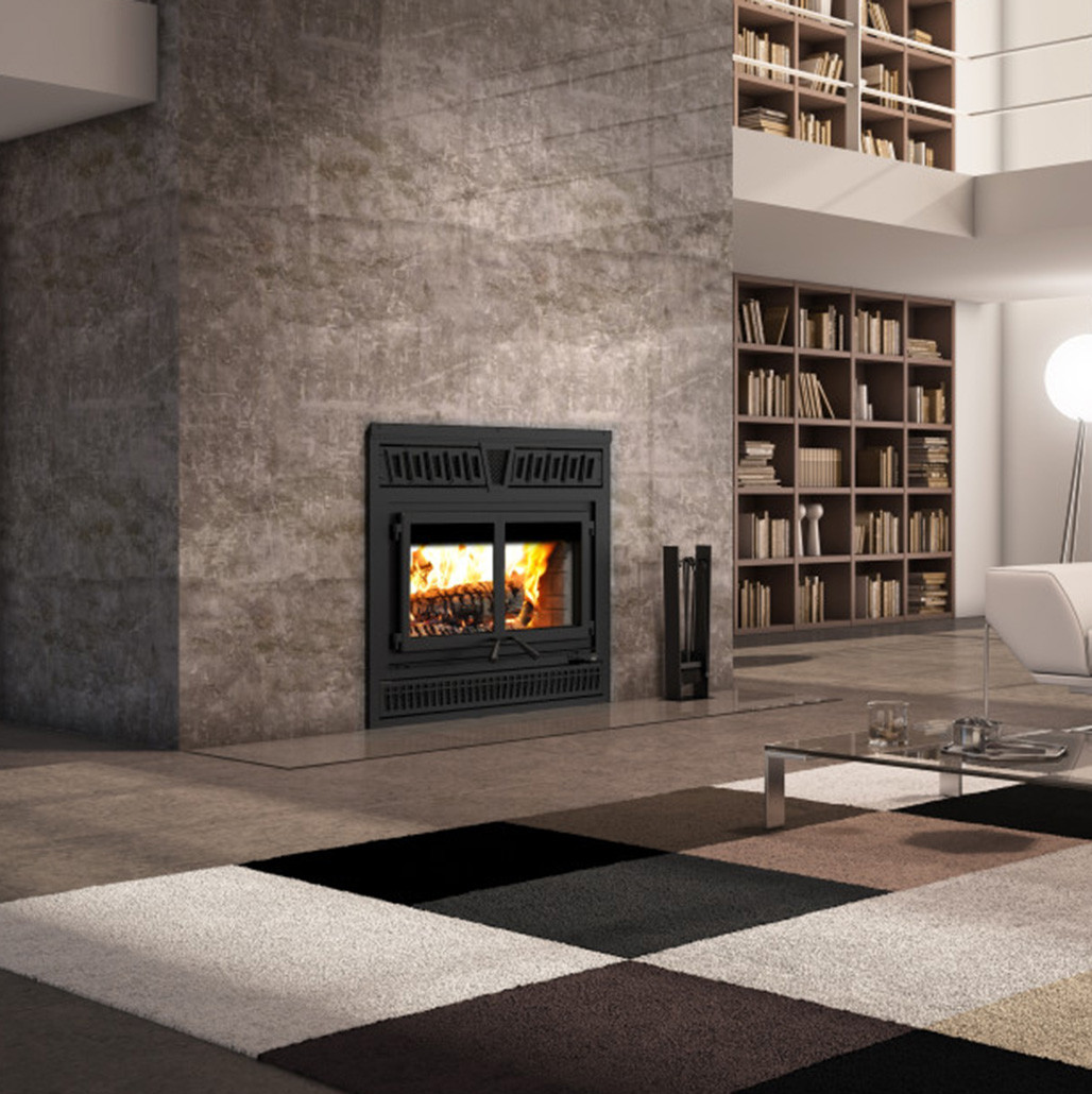 Valcourt Waterloo wood burning wall built-in fireplace with visible wood burning flame in a modern living room, 95,000 BTU/h High efficiency modern indoor wood fireplace with 1,000 -2,800 square feet heating area. Lab tested fireplace and this fireplace is similar to, Valcourt Dallaire II Wood Burning Fireplace fp18r, Osburn Stratford II Wood Fireplace, Napoleon Oakdale Wood Burning Fireplace Insert, True North Tn20 Wood Burning Fireplace Insert, Empire Stove Archway 2300 Wood Burning Insert WB23IN.