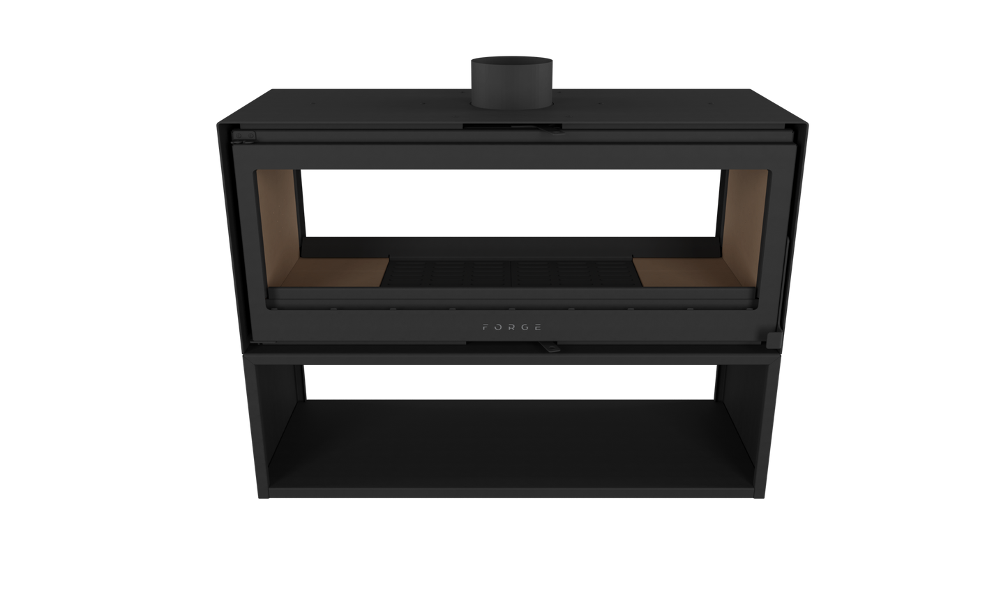 Front view of Forge D120 Freestanding double sided wood burning fireplace with matching woodbox base. MCM fireplace, Indoor wood stove, double door fireplace, See through Fireplace, Eco-friendly fireplace with chimney system. This product is similar to Stuv 21 - 85DF Double Sided Built-In Wood Burning Fireplace with Glass Door, Steel Frame, Stuv 21-95 Double sided Wood Stove with Retractable Glass Door, 48″ Artisan Double-Sided Vent Free Linear Fireplace, IFT 2.0.