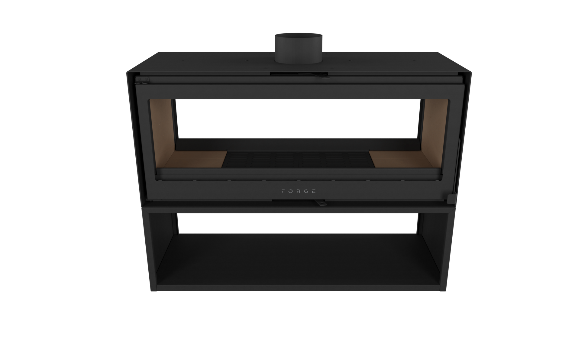Front view of Forge D120 Freestanding double sided wood burning fireplace with matching woodbox base. MCM fireplace, Indoor wood stove, double door fireplace, See through Fireplace, Eco-friendly fireplace with chimney system. This product is similar to Stuv 21 - 85DF Double Sided Built-In Wood Burning Fireplace with Glass Door, Steel Frame, Stuv 21-95 Double sided Wood Stove with Retractable Glass Door, 48″ Artisan Double-Sided Vent Free Linear Fireplace, IFT 2.0.