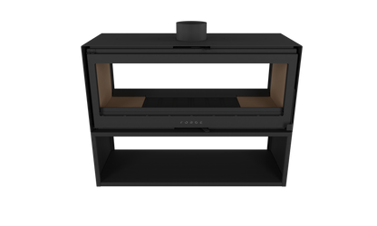 Front view of Forge D120 Freestanding double sided wood burning fireplace with matching woodbox base. MCM fireplace, Indoor wood stove, double door fireplace, See through Fireplace, Eco-friendly fireplace with chimney system. This product is similar to Stuv 21 - 85DF Double Sided Built-In Wood Burning Fireplace with Glass Door, Steel Frame, Stuv 21-95 Double sided Wood Stove with Retractable Glass Door, 48″ Artisan Double-Sided Vent Free Linear Fireplace, IFT 2.0.