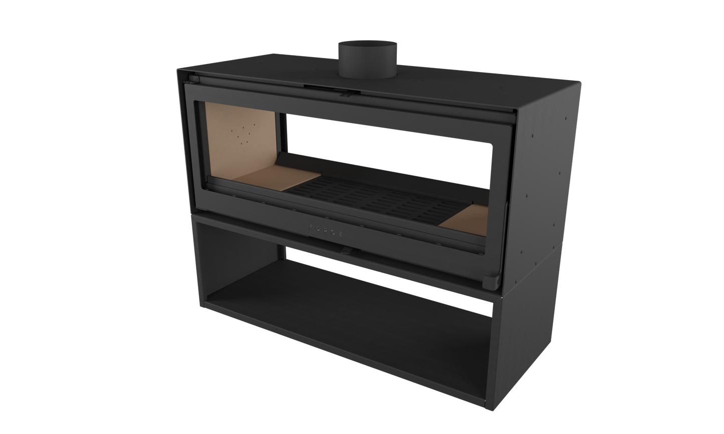 Forge D120 Freestanding double sided wood burning fireplace with matching woodbox base. MCM fireplace, Indoor wood stove, double door fireplace, See through Fireplace, Eco-friendly fireplace with chimney system. This product is similar to Stuv 21 - 85DF Double Sided Built-In Wood Burning Fireplace with Glass Door, Steel Frame, Stuv 21-95 Double sided Wood Stove with Retractable Glass Door, 48″ Artisan Double-Sided Vent Free Linear Fireplace, IFT 2.0.