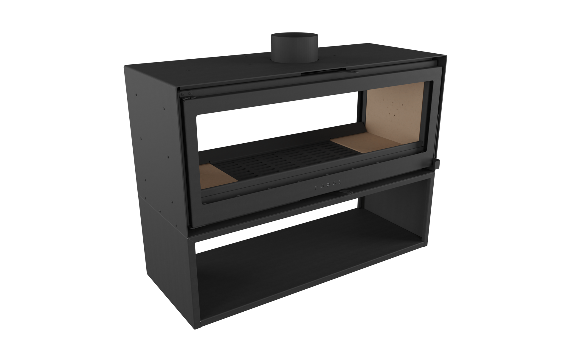 Angle view of Forge D120 Freestanding double sided wood burning fireplace with matching woodbox base. MCM fireplace, Indoor wood stove, double door fireplace, See through Fireplace, Eco-friendly fireplace with chimney system. This product is similar to Stuv 21 - 85DF Double Sided Built-In Wood Burning Fireplace with Glass Door, Steel Frame, Stuv 21-95 Double sided Wood Stove with Retractable Glass Door, 48″ Artisan Double-Sided Vent Free Linear Fireplace, IFT 2.0.