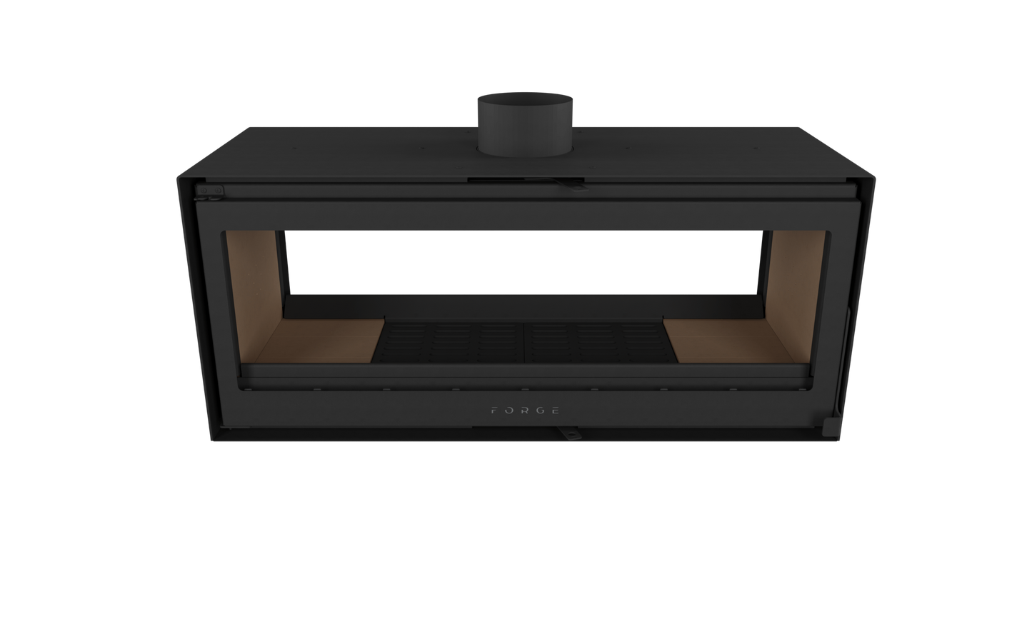 Front scaled of Forge D120 Freestanding double sided wood burning fireplace without base with glass door. MCM fireplace, Indoor wood stove, double door fireplace, See through Fireplace, Eco-friendly fireplace with chimney system. This product is similar to Stuv 21 - 85DF Double Sided Built-In Wood Burning Fireplace with Glass Door, Steel Frame, Stuv 21-95 Double sided Wood Stove with Retractable Glass Door, 48″ Artisan Double-Sided Vent Free Linear Fireplace, IFT 2.0.