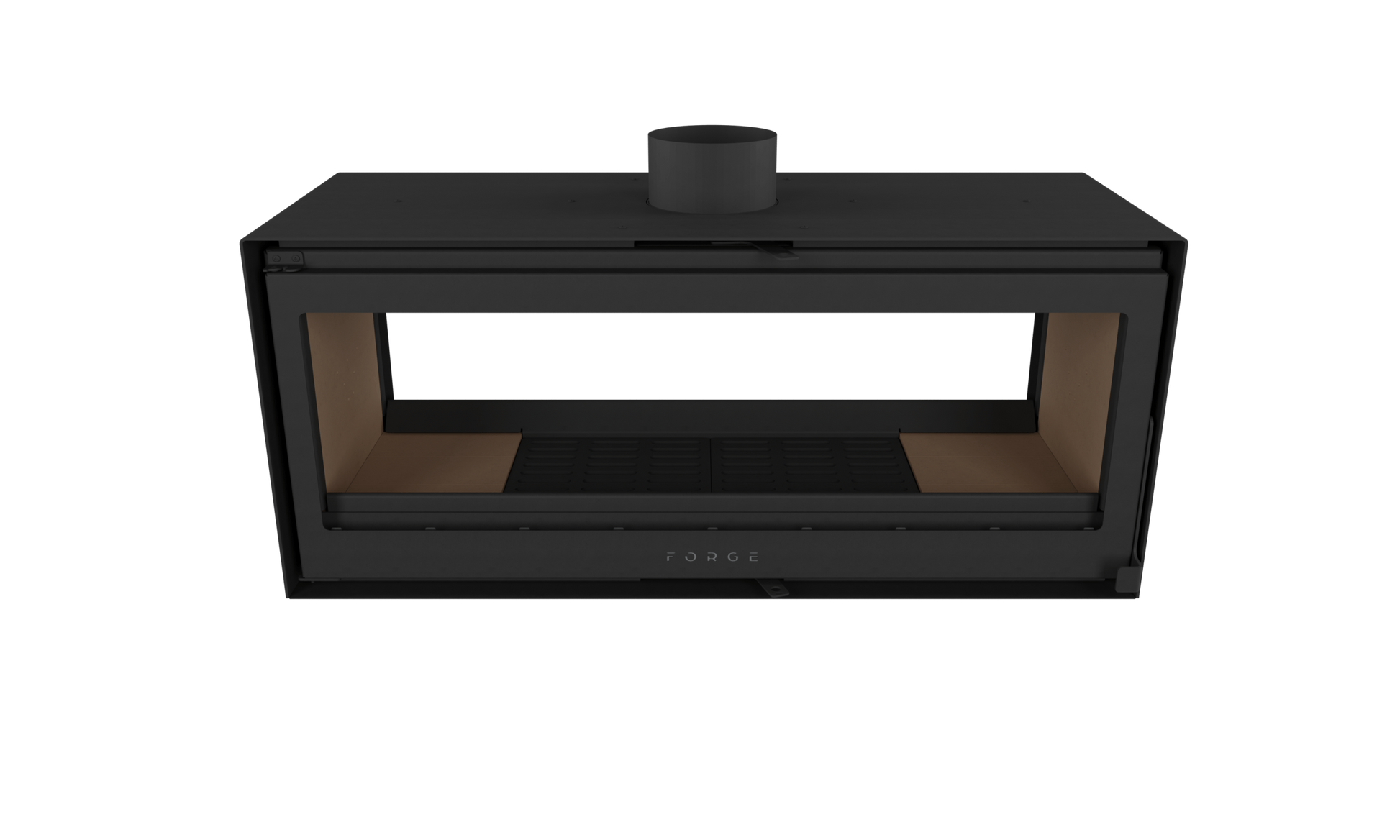 Front scaled of Forge D120 Freestanding double sided wood burning fireplace without base with glass door. MCM fireplace, Indoor wood stove, double door fireplace, See through Fireplace, Eco-friendly fireplace with chimney system. This product is similar to Stuv 21 - 85DF Double Sided Built-In Wood Burning Fireplace with Glass Door, Steel Frame, Stuv 21-95 Double sided Wood Stove with Retractable Glass Door, 48″ Artisan Double-Sided Vent Free Linear Fireplace, IFT 2.0.