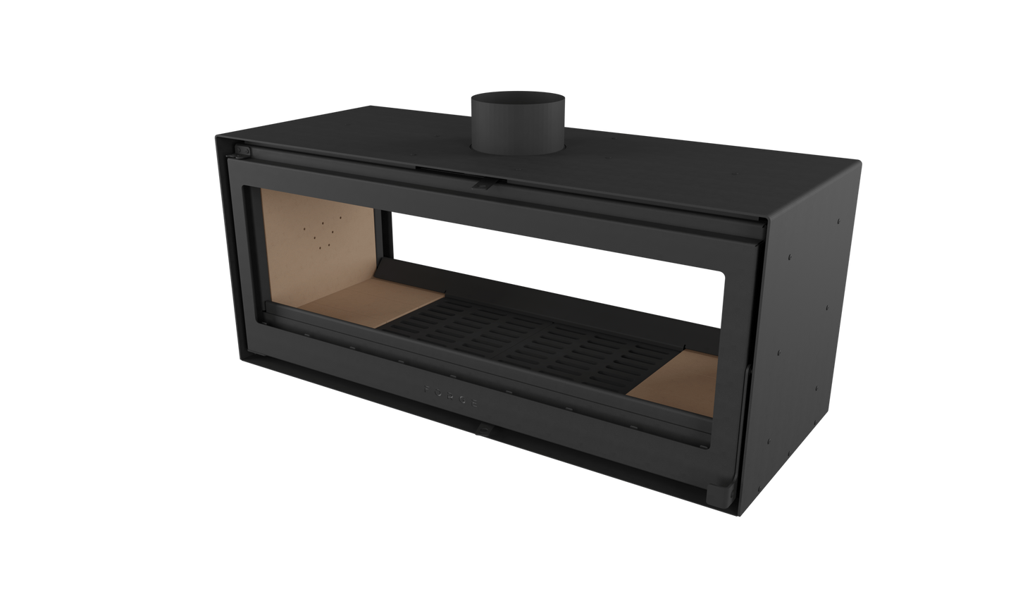 Left scaled of Forge D120 Freestanding double sided wood burning fireplace without base with glass door. MCM fireplace, Indoor wood stove, double door fireplace, See through Fireplace, Eco-friendly fireplace with chimney system. This product is similar to Stuv 21 - 85DF Double Sided Built-In Wood Burning Fireplace with Glass Door, Steel Frame, Stuv 21-95 Double sided Wood Stove with Retractable Glass Door, 48″ Artisan Double-Sided Vent Free Linear Fireplace, IFT 2.0.