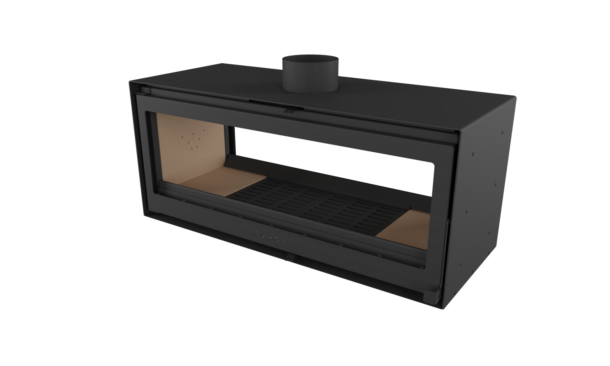 Left scaled of Forge D120 Freestanding double sided wood burning fireplace without base with glass door. MCM fireplace, Indoor wood stove, double door fireplace, See through Fireplace, Eco-friendly fireplace with chimney system. This product is similar to Stuv 21 - 85DF Double Sided Built-In Wood Burning Fireplace with Glass Door, Steel Frame, Stuv 21-95 Double sided Wood Stove with Retractable Glass Door, 48″ Artisan Double-Sided Vent Free Linear Fireplace, IFT 2.0.