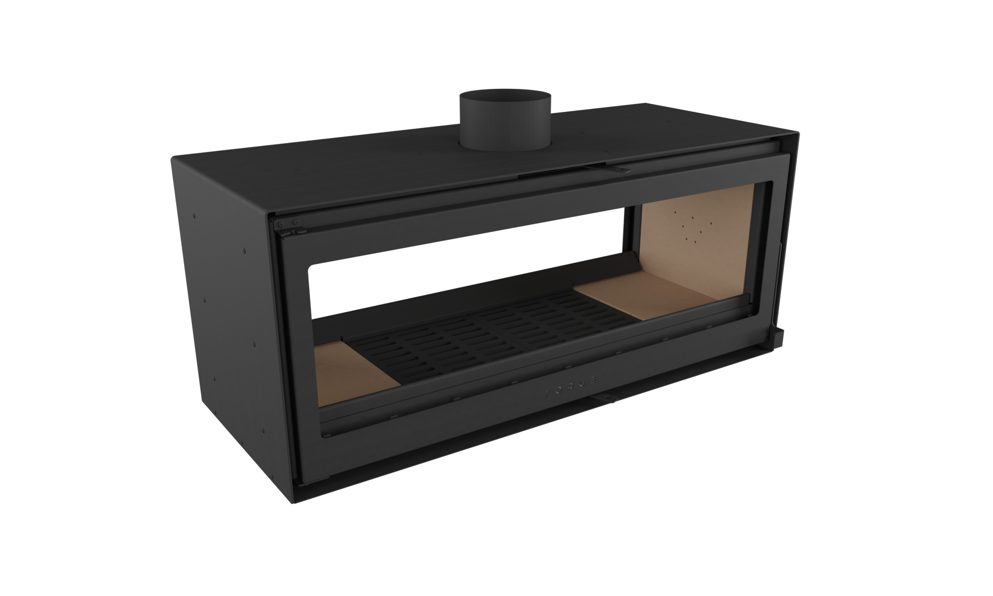 Right scaled of Forge D120 Freestanding double sided wood burning fireplace without base with glass door. MCM fireplace, Indoor wood stove, double door fireplace, See through Fireplace, Eco-friendly fireplace with chimney system. This product is similar to Stuv 21 - 85DF Double Sided Built-In Wood Burning Fireplace with Glass Door, Steel Frame, Stuv 21-95 Double sided Wood Stove with Retractable Glass Door, 48″ Artisan Double-Sided Vent Free Linear Fireplace, IFT 2.0.