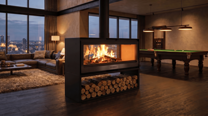 Forge D120 Freestanding double sided wood burning fireplace with matching woodbox base with logs of wood and a visible wood burning flame in a modern living room. MCM fireplace, double door fireplace, See through Fireplace, Eco-friendly fireplace with chimney system. This product is similar to Stuv 21 - 85DF Double Sided Built-In Wood Burning Fireplace with Glass Door, Steel Frame, Stuv 21-95 Double sided Wood Stove with Retractable Glass Door, 48″ Artisan Double-Sided Vent Free Linear Fireplace, IFT 2.0.