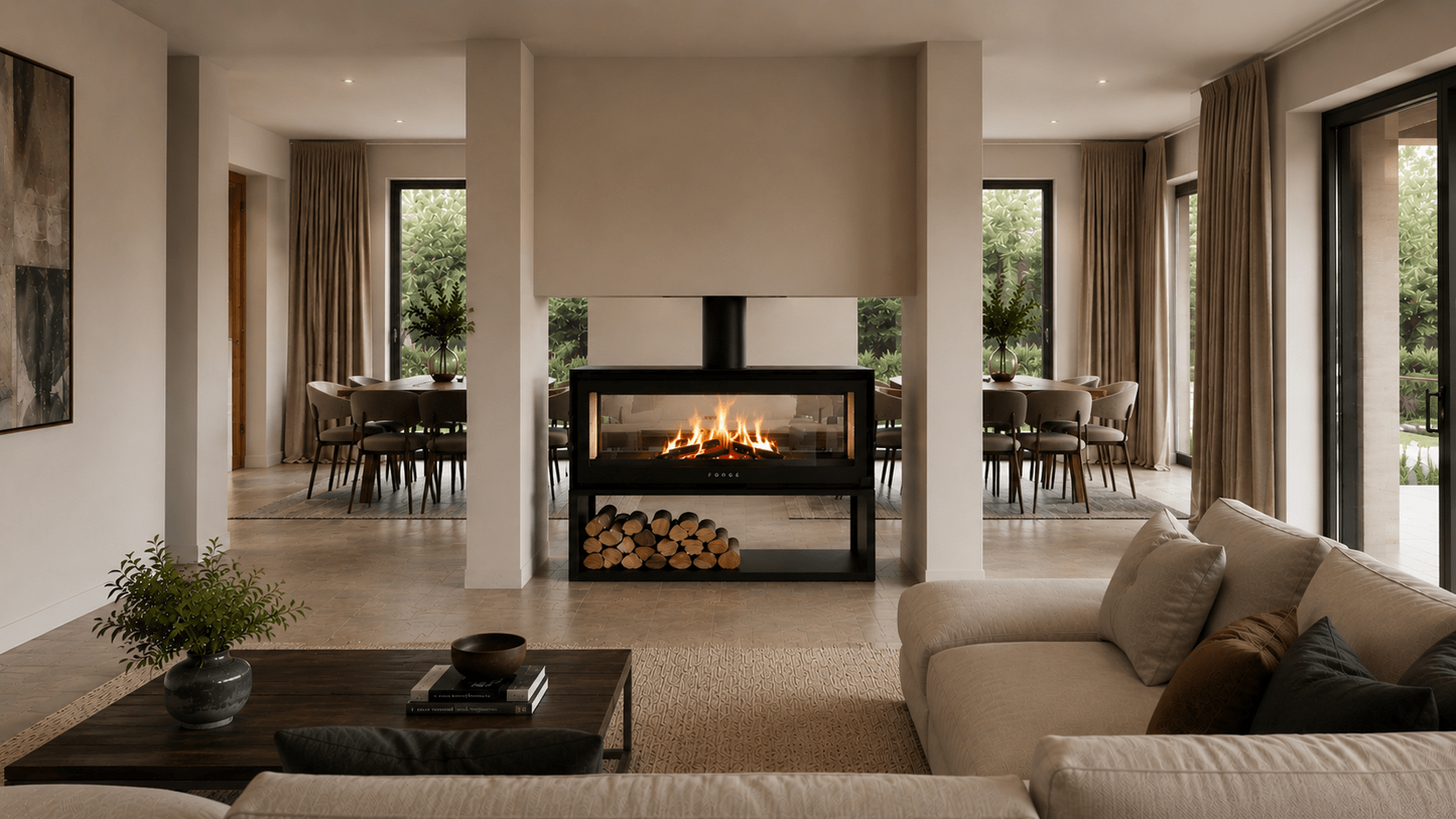 Forge D120 Freestanding double sided wood burning fireplace with matching woodbox base with logs of wood and a visible wood burning flame in a modern living room. MCM fireplace, double door fireplace, See through Fireplace, Eco-friendly fireplace with chimney system. This product is similar to Stuv 21 - 85DF Double Sided Built-In Wood Burning Fireplace with Glass Door, Steel Frame, Stuv 21-95 Double sided Wood Stove with Retractable Glass Door, 48″ Artisan Double-Sided Vent Free Linear Fireplace, IFT 2.0.