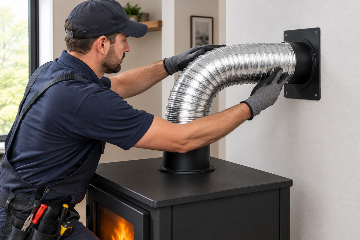 technician installing stainless steel Duravent FasNSeal Flex Pipe for gas vent system. Made from super-ferritic stainless steel. Corrosion resistant. Manufactured with a sure-seal locking seam for superior strength and flexibility, FasNSeal® Flex is for use with natural gas or propane Categories II, III and IV appliances or Canada’s Type BH Gas Vent Systems, having a maximum rated operating temperature of 480°F.