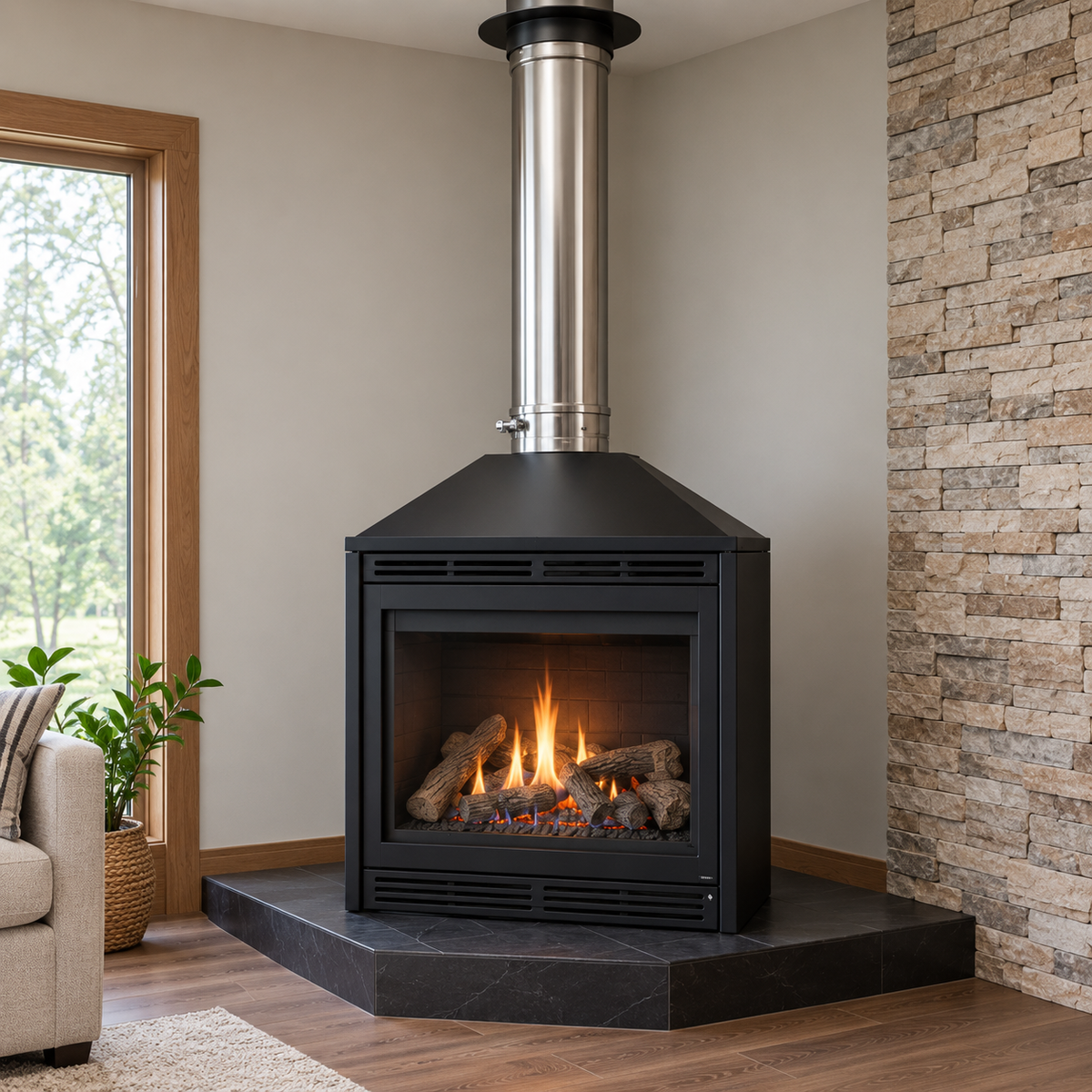 Stainleass steel Single Wall Gas vent FasNSeal Pipe install on gas burning fireplace with visible burning flame with patented built in mechanical locking band and triple lipped directional gaskets at the end of the pipewhich allows for ease of installation.