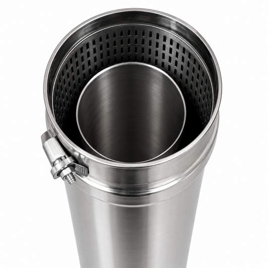 Close-up inner view of Stainleass steel Single Wall Gas vent FasNSeal Pipe with patented built in mechanical locking band and triple lipped directional gaskets at the end of the pipewhich allows for ease of installation.