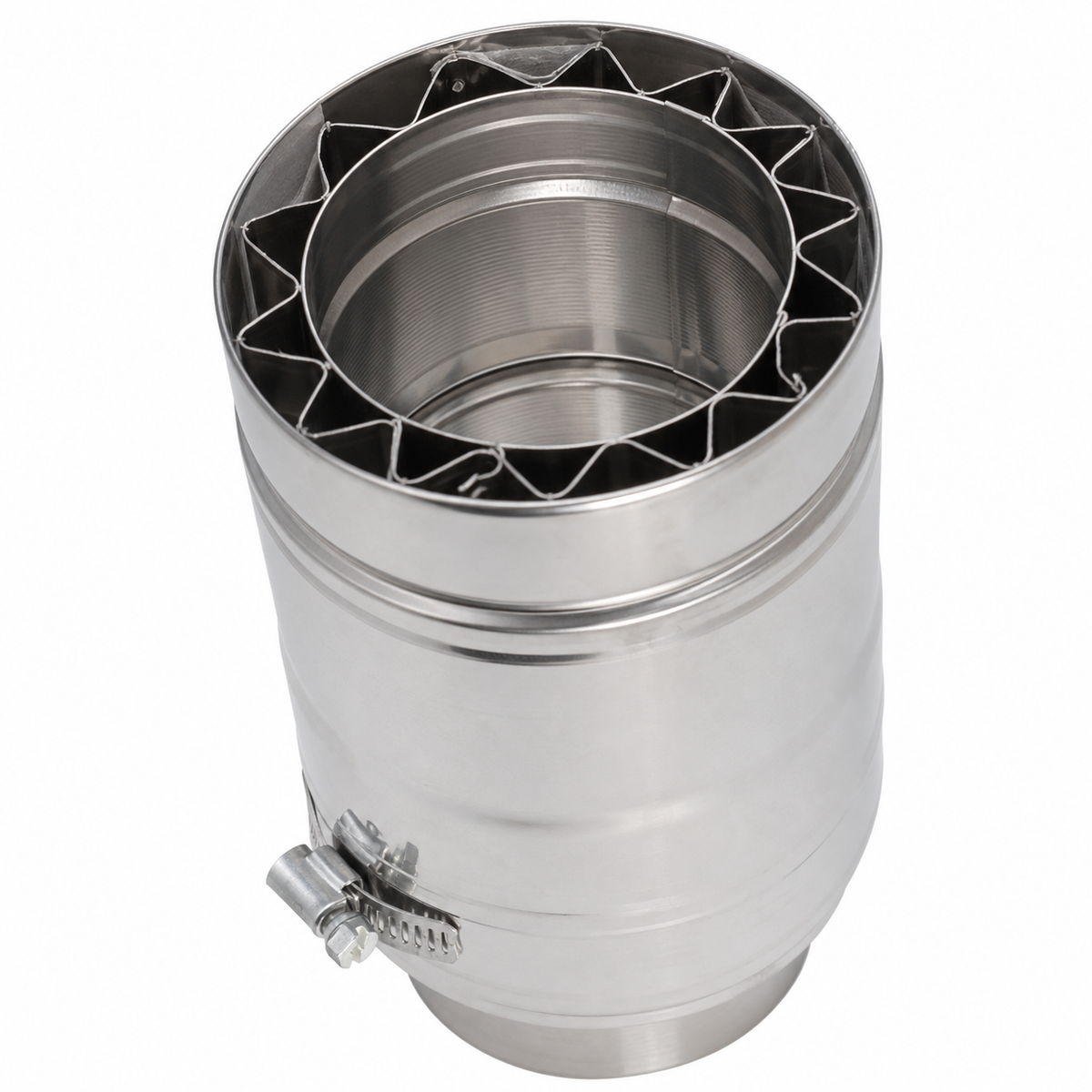 Angle view of DuraVent FasNSeal W2 double wall stainless steel gas vent length showing inner pipe, star-shaped spacer and locking band clamp.