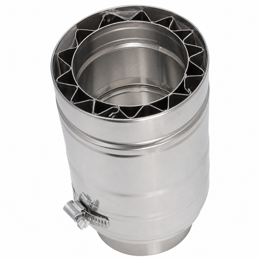 Angle view of DuraVent FasNSeal W2 double wall stainless steel gas vent length showing inner pipe, star-shaped spacer and locking band clamp.