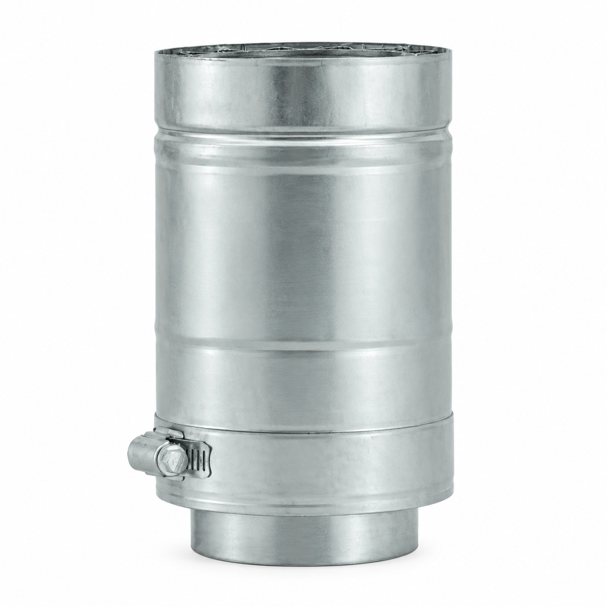 DuraVent FasNSeal W2 double wall stainless steel gas vent length showing inner pipe, star-shaped spacer and locking band clamp.