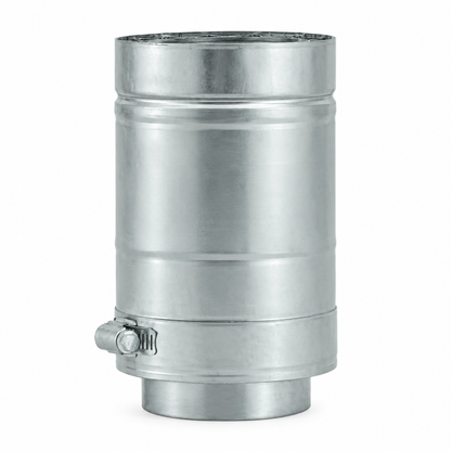 DuraVent FasNSeal W2 double wall stainless steel gas vent length showing inner pipe, star-shaped spacer and locking band clamp.