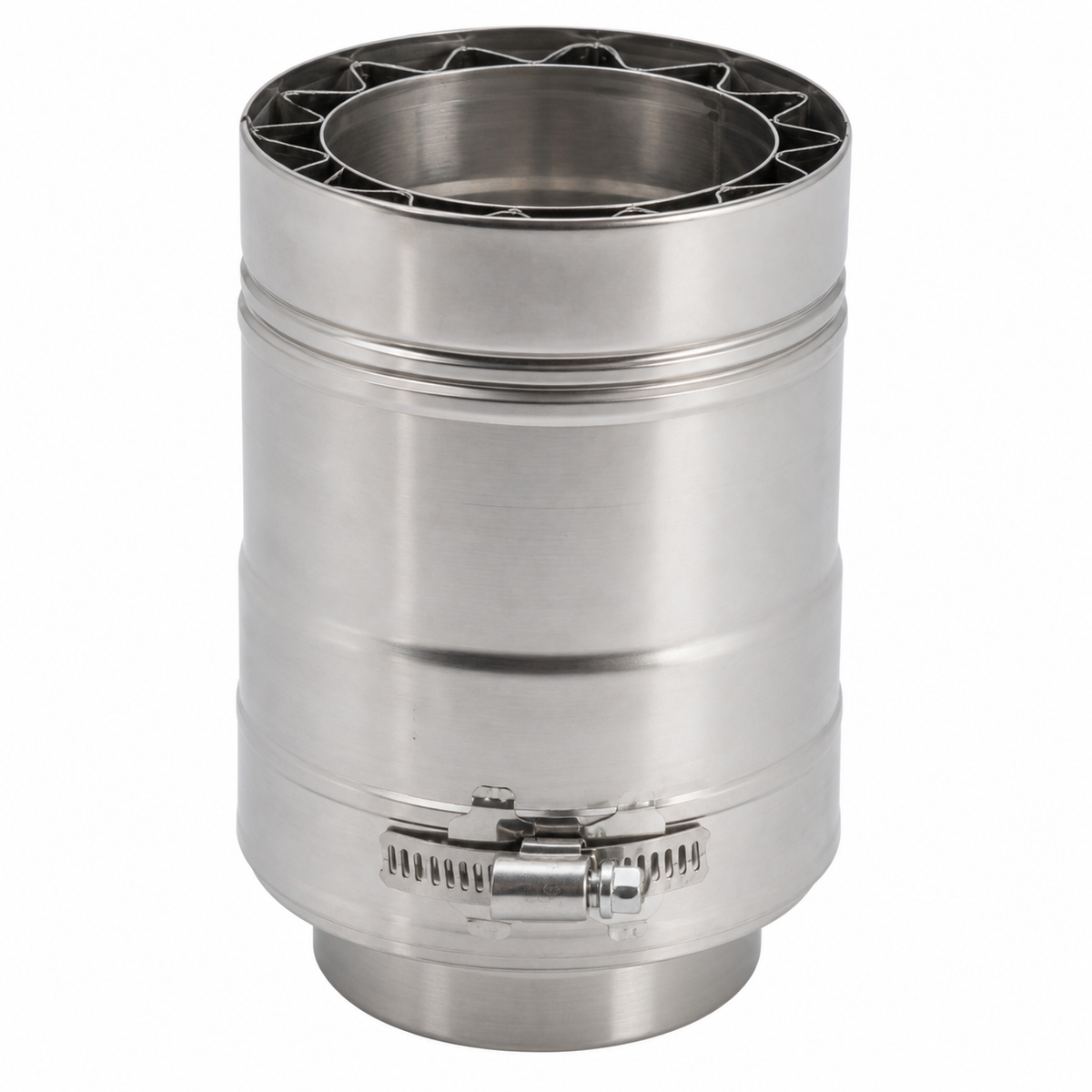 DuraVent FasNSeal W2 double wall stainless steel gas vent length showing inner pipe, star-shaped spacer and locking band clamp