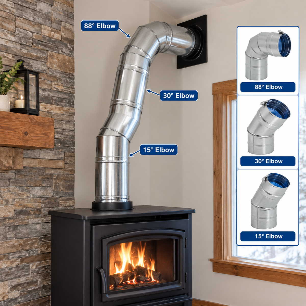Fireplace with DuraVent FasNSeal®  single-wall stainless steel vent elbow pipe elbow with Built-in mechanical locking band on a FasNSeal® vent pipe elbow. silicone-free, 316L stainless steel inner wall.