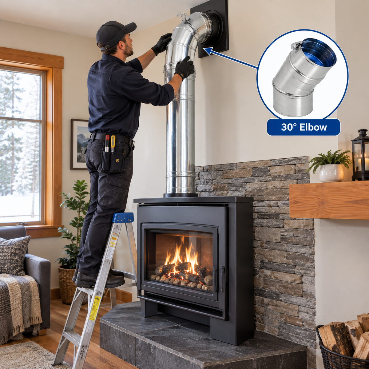 Technician installing DuraVent FasNSeal® 30 degree single-wall stainless steel vent pipe elbow with Built-in mechanical locking band on a FasNSeal® vent pipe elbow. silicone-free, 316L stainless steel inner wall.