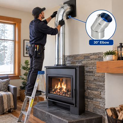 Technician installing DuraVent FasNSeal® 30 degree single-wall stainless steel vent pipe elbow with Built-in mechanical locking band on a FasNSeal® vent pipe elbow. silicone-free, 316L stainless steel inner wall.