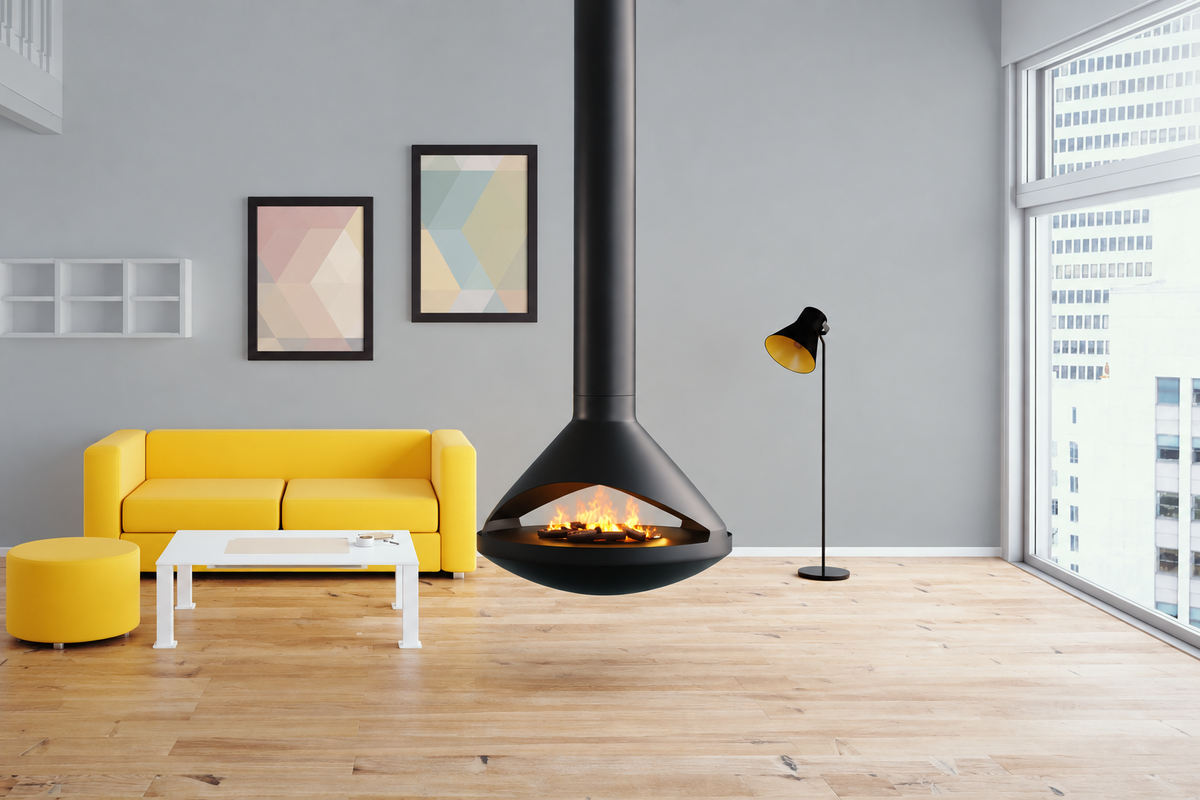 36" Modern Suspended/Floating See through Black Vita Aidan Fireplace in a Ash painted room with yellow sofa, wall art and Fireplace in the middle. Dynamic Water Vapor-Fire tech and Wood burning UFO design Fireplace. This Mid-century design hanging fireplace offers efficient heating, easy installation, and elegance. Aidan suspended fireplace is similar to Focus Ergofocus Holographic Suspended  Electric Fireplace, Focus GYROFOCUS Fireplace, Shine 1 Luxury Hanging Disc-Shaped Real Wood Burning Fire Fireplace.
