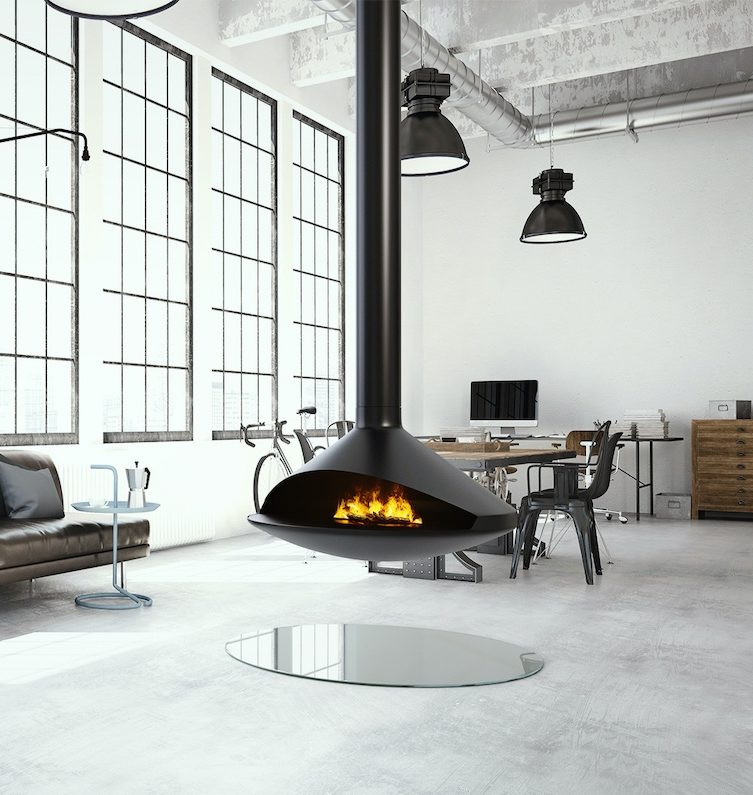 Modern Single Sided 42" diameter Black Finish, 12" minimum clearance hanging/suspended VITA GIOIA Indoor gas fireplace in a large Modern living room. Mid-century design Suspended gracefully from above, this fireplace becomes more than a heat source—it’s a centerpiece that redefines luxury living. VITA GIOIA is similar to Gyrofocus Glazed Fireplace by Focus, Zen Elegante Wood Burning Suspended Fireplace, Ergofocus Glazed hanging fireplace.