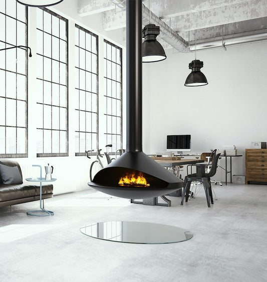 Modern Single Sided 42" diameter Black Finish, 12" minimum clearance hanging/suspended VITA GIOIA Indoor gas fireplace in a large Modern living room. Mid-century design Suspended gracefully from above, this fireplace becomes more than a heat source—it’s a centerpiece that redefines luxury living. VITA GIOIA is similar to Gyrofocus Glazed Fireplace by Focus, Zen Elegante Wood Burning Suspended Fireplace, Ergofocus Glazed hanging fireplace.
