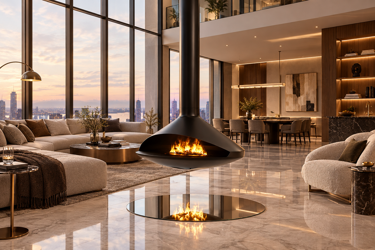 Vita Gioia 48 Inch Single Sided Suspended Gas Fireplace Matte Black Alternative to Focus Gyrofocus Glazed Zen Ergofocus A modern floating black fireplace with a visible flame and circular reflective base, set in a luxury high-rise apartment living room with large floor-to-ceiling windows and a city skyline at sunset.