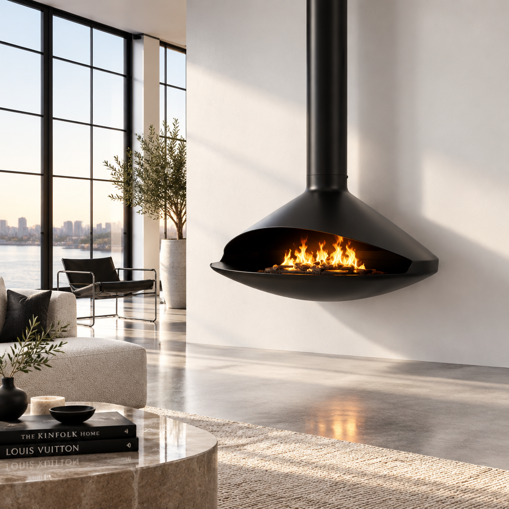 Vita Gioia 48 Inch See Through Hanging Modern Single Sided 42" diameter Black, 12" minimum clearance hanging/suspended VITA GIOIA Indoor gas fireplace in a large Modern living room. Mid-century design Suspended gracefully from above, this fireplace becomes more than a heat source—it’s a centerpiece that redefines luxury living. VITA GIOIA is similar to Gyrofocus Glazed Fireplace by Focus, Zen Elegante Wood Burning Suspended Fireplace, Ergofocus Glazed hanging fireplace. Focus style that is against a wall