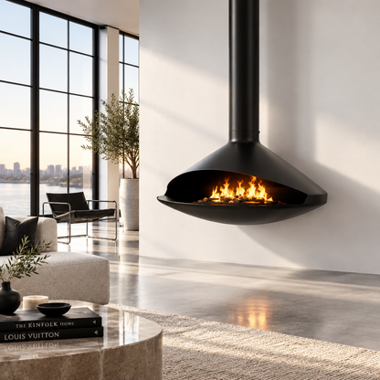 Vita Gioia 48 Inch See Through Hanging Modern Single Sided 42" diameter Black, 12" minimum clearance hanging/suspended VITA GIOIA Indoor gas fireplace in a large Modern living room. Mid-century design Suspended gracefully from above, this fireplace becomes more than a heat source—it’s a centerpiece that redefines luxury living. VITA GIOIA is similar to Gyrofocus Glazed Fireplace by Focus, Zen Elegante Wood Burning Suspended Fireplace, Ergofocus Glazed hanging fireplace. Focus style that is against a wall