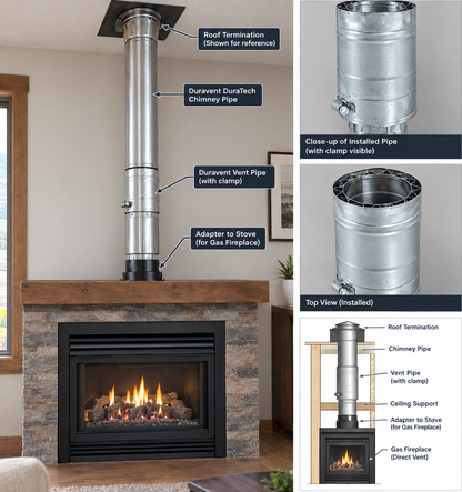 Installation of DuraVent FasNSeal W2 double wall stainless steel gas vent length to a gas fireplace with visible burning flame in a modern home.