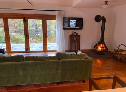 Living room with green sofa, fireplace, and television. Mid-century modern Malm Zircon fireplace installed in designer living room – premium Malm wood-burning fireplace available from Smokey Mountain Fireplaces.