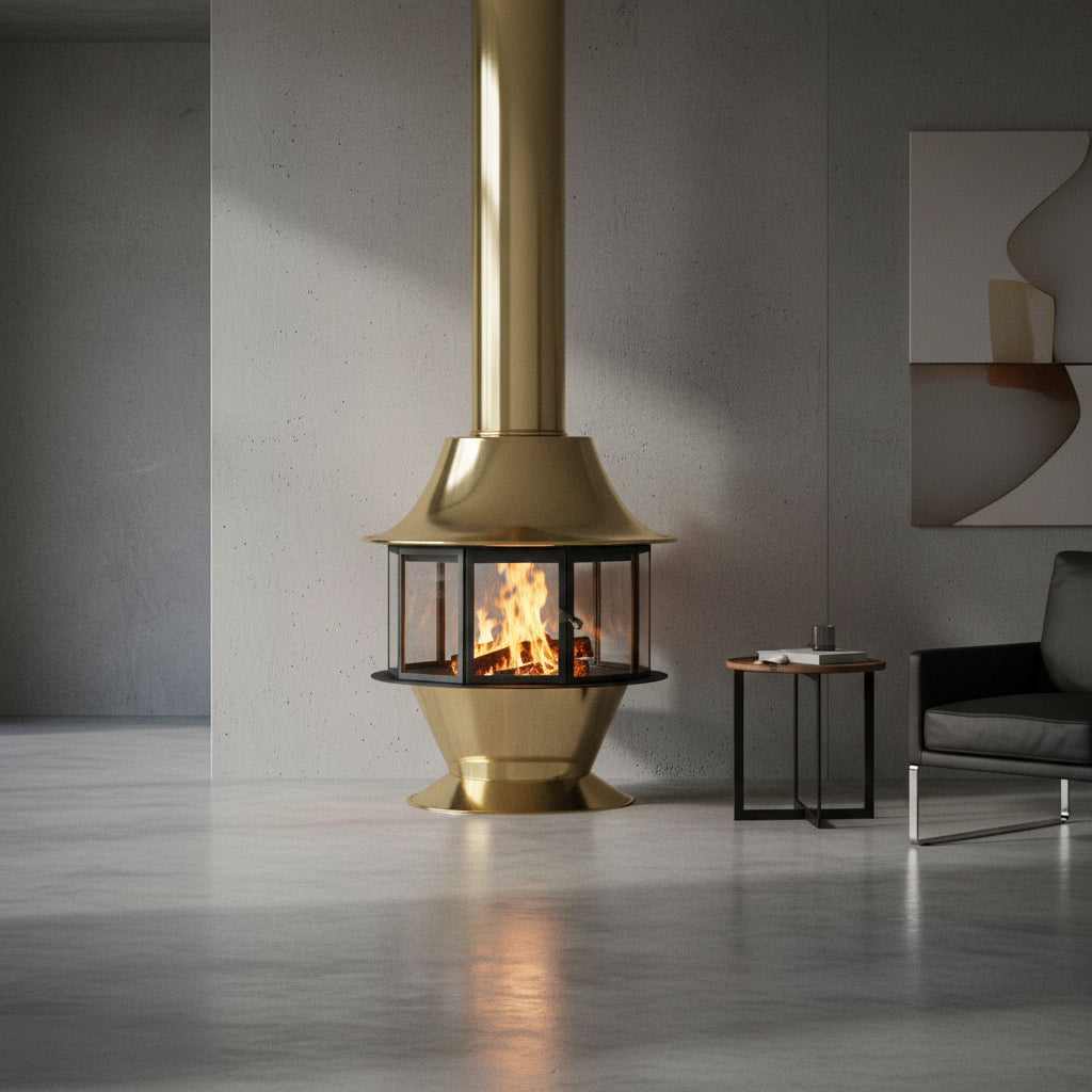 Malm Spin-A-Fire modern mid-century fireplace by Smokey Mountain Fireplaces in Bend Oregon. Designer wood-burning fireplace with 360-degree view, clean-burning efficiency, and premium craftsmanship. Compare to Focus, Stûv, and Don Bar modern fireplaces for luxury home installations.Malm Spin a Fire freestanding conical wood stove rotating 360 degrees in a modern living room. MCM Zircon style focus floating 360 wood stove

360 degree pivoting Malm Spin a Fire conical fireplace with open hearth and glowing wo