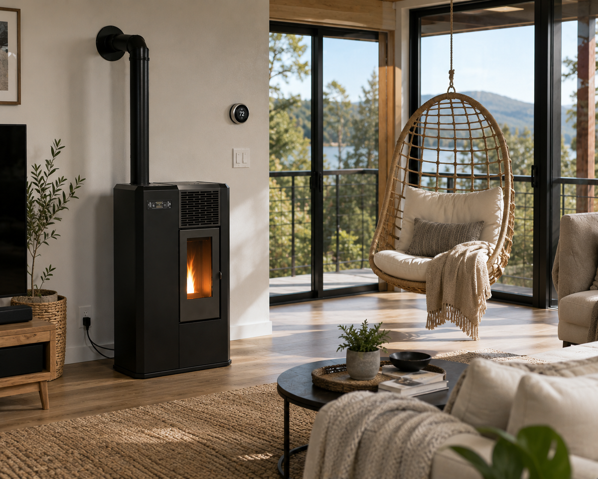 Black Compact high efficiency KFD 6,0 PS floor and hanging home heating pellet stove with a visible burning flame in a modern home. Smart Control free standing rear and lateral flue outlet home heating pellet stove. Modern home fireplace. This product is similar to Comfortbilt Pellet Stoves HP50 Brown Modern Design Efficient, Cleveland Iron Works Pellet Stove PS20W-CIW, Harman Allure50 Pellet Stove, Drolet Eco-65R Pellet Stove, ComfortBilt Alpine Pellet Stove HP41, ATLAS Pellet Stove Boiler.