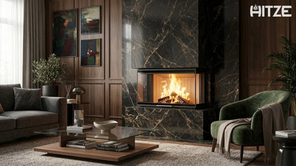 Albero 9C three sided built in indoor glass fireplace with a visible burning flame in a modern living room, Modern fireplace, Mid century Fireplace, Modern panoramic glass fire view fireplace. this fireplace is similar to; Dorako ECO MAX 7 3F 3 Sided Glass Wood Stove: Handmade Wall-Insert Glass Fireplace - STANDARD, A.Caminetti Crystal 80 3D Wood Burning Fireplace with 3 Glass Sides, Crystal 110 Max Wood-Burning Fireplace A.Caminetti 3 Glass Sides. Built with chimney pipe.