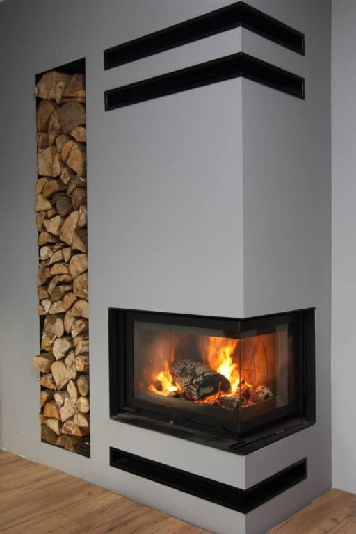 Black Corner Built-in 2 sided glass Indoor wood burning fireplace inserts with visible wood burning flame in a living room. EcoDesign Modern Fireplace,  that guarantees rigidity and resistance to high temperature. This product is similar to; KFD ECO 70 L/R Corner Fireplace Insert - Wood Burning Stove - BLACK COLOR, Dorako ECO Max 7 Left /Right Corner Wood Burning Fireplace - Scandinavian Modern Wall-Insert Stove - Right hand Corner / Standard, Montigo Divine Corner HL38DFCL/CR Direct Vent Gas Fireplace.
