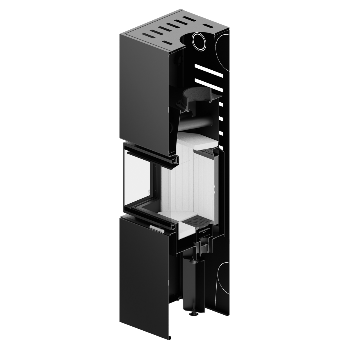 Black freestanding Albero AL9C three sided wood fireplace with visible flame view from a panoramic glass standing beside a flower in a modern living room. Eco Design Fireplace, Modern Indoor Fireplace. This fireplace is similar to A.Caminetti Crystal 80 3D Wood Burning Fireplace with 3 Glass Sides, Crystal 110 Max Wood-Burning Fireplace A.Caminetti 3 Glass Sides, Three Sided 75, Kratki – Inga Freestanding 3 sided Fireplace., Dorako ECO MAX 7 3F 3 Sided Glass Wood Stove: Handmade Wall-Insert Glass Fireplace.