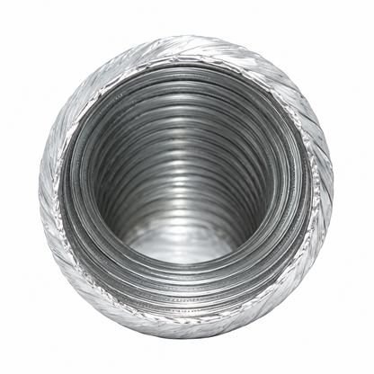 Inner view of stainless steel Duravent FasNSeal Flex Pipe for gas vent system. Made from super-ferritic stainless steel. Corrosion resistant. Manufactured with a sure-seal locking seam for superior strength and flexibility, FasNSeal® Flex is for use with natural gas or propane Categories II, III and IV appliances or Canada’s Type BH Gas Vent Systems, having a maximum rated operating temperature of 480°F.