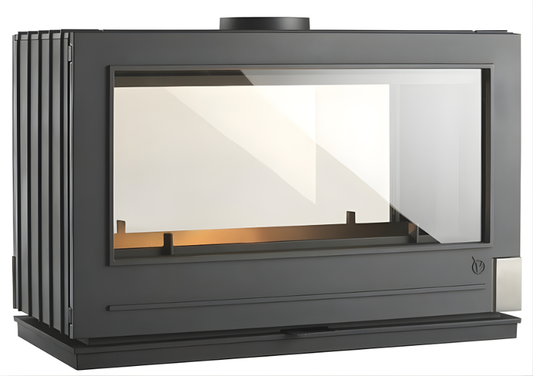 Double Sided Wood Fireplace Modern Style with see through glass and designed for the middle of the room. to heat your entire living area. also great for a bedroom or dividing wall fireplace. French Made by hand. In Stock