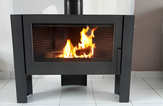 real Wood Fire clean burning wood stove - Base stand allows to hold wood under as well as a sturdy 3 sided pedestal with the large glass viewing area
