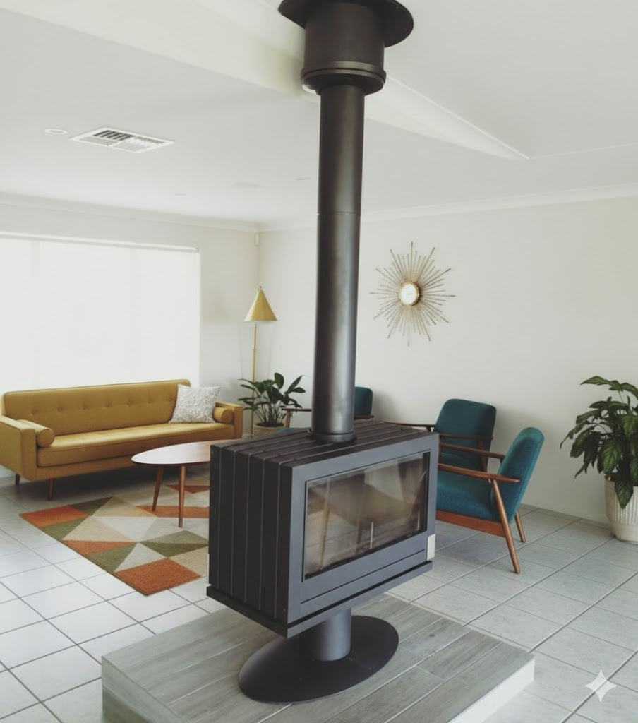 Chimney pipe custom designed double sided glass French made see through mcm style room center big room fireplace