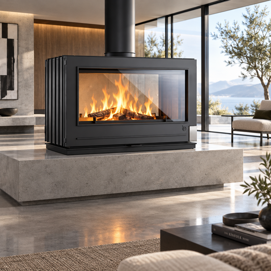 Invicta Aaron double sided see through fireplace wood stove all glass wide angle french made wood stove. A modern black metal wood-burning fireplace with a glass front and visible flames, set on a raised concrete hearth in a contemporary living room with large windows overlooking water.