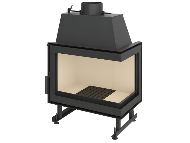 Two Sided Glass Black wood-burning stove with beige interior on a white background.