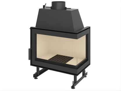 Two Sided Glass Black wood-burning stove with beige interior on a white background.